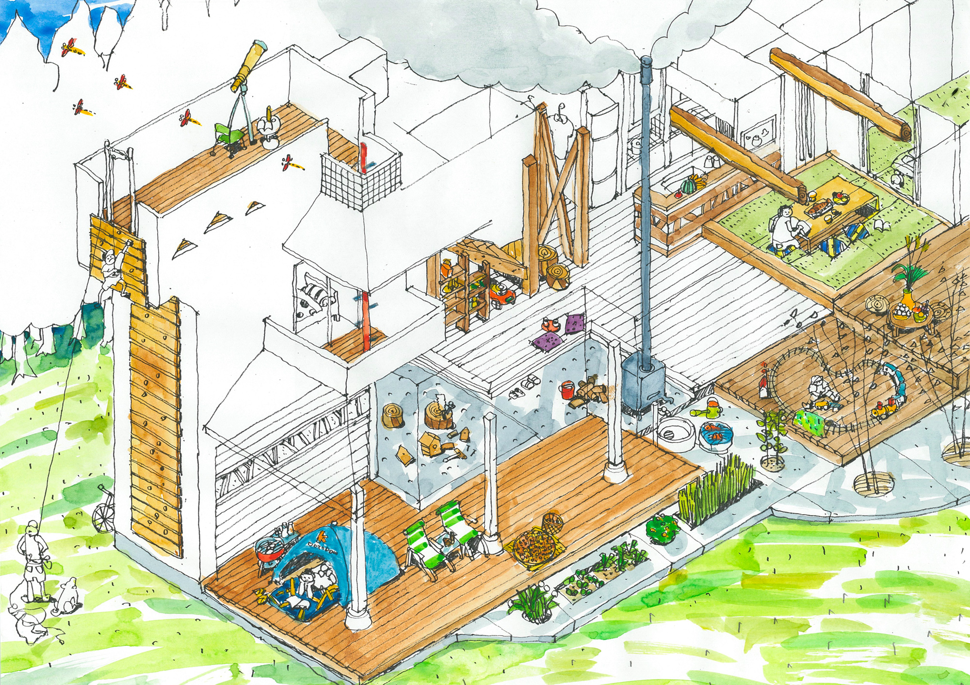 クライミングウォールのある家 イラスト計画案 家づくり 建築デザイン 住宅設計は 設計事務所 独楽蔵 こまぐら