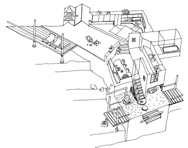 【山の斜面に沿ったスキップフロアの家（木造リノベーション）】建築イラストコンセプト案の画像